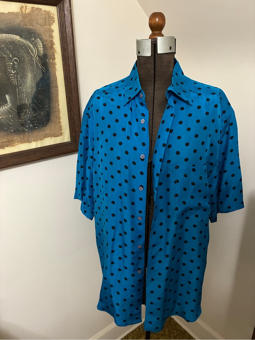 Vintage Silk Club Blue Polka Dot Button-Up Shirt